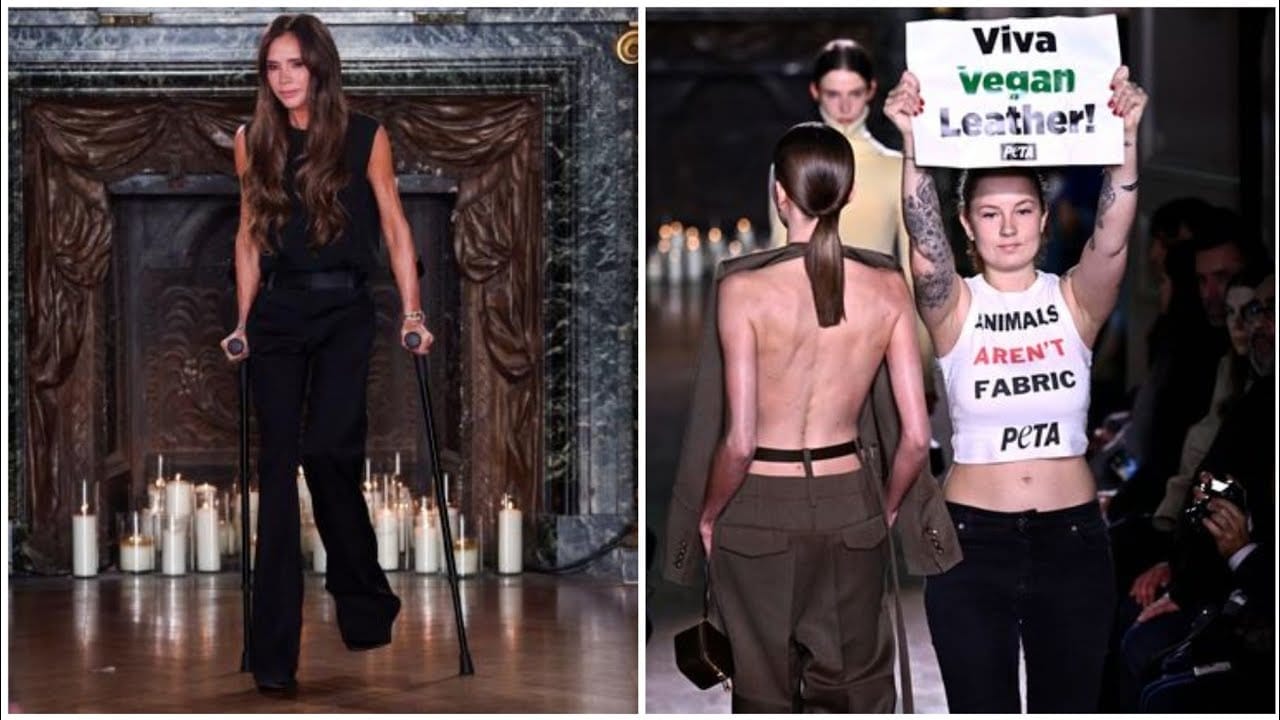 Animal rights activists disrupt Victoria Beckham show in Paris